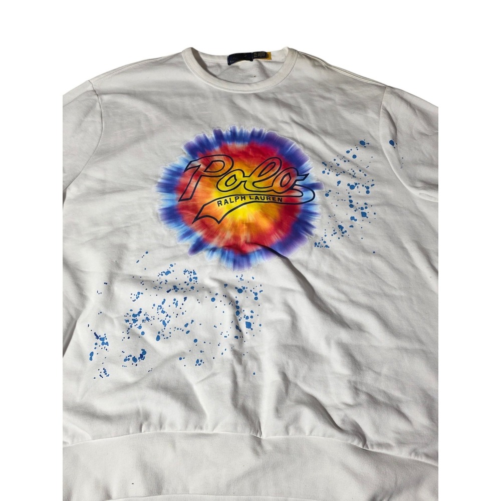 Polo Ralph Lauren Tie Dye Logo Crewneck Sweatshirt Mens XXL White Blue Splatter - Picture 3 of 10